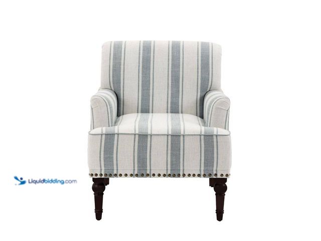 Lot 49-5463541 - Modern Blue Striped Linen Fabric Upholstered Accent Armchair With Wooden Legs (Set of 1) Unused