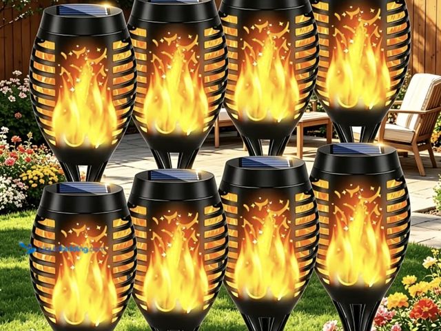 Lot 49-1975250 - 8 Solar Lights. Flame effect warm glow. 20.5” tall, including ground spike. 8 hours of sunlight prod...