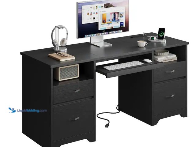 Lot 49-3563006 - Bestier - 59-inch Computer Desk with Charging Station, Fluted Storage Cabinet and Keyboard Tray - Bl...
