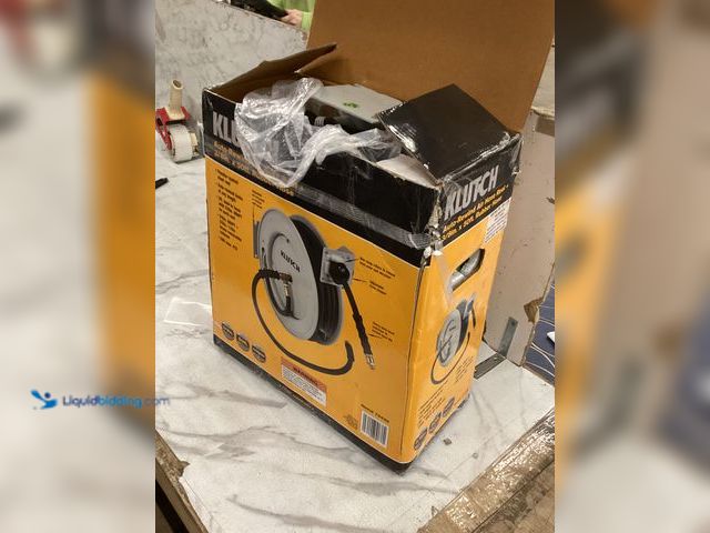 Lot 49-3540251 - Klutch Auto-Rewind Air Hose Reel with 3/8in. x 50ft. Rubber Hose, 300 PSI. Model: 73430. Used