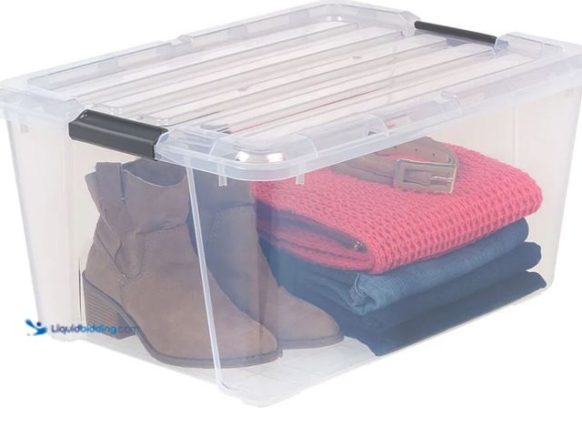 Lot 49-3611857 - Lot of (6) IRIS 45QT Clear Storage Bin with (4) lids, Model # 1410576, Slightly used, Has some attac...