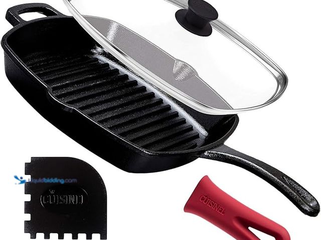 Lot 49-3433545 - Cuisinel Cast Iron Square Grill Pan + Glass Lid + Pan Scraper + Handle Cover - 10.5" Pre-Seasoned Ri...