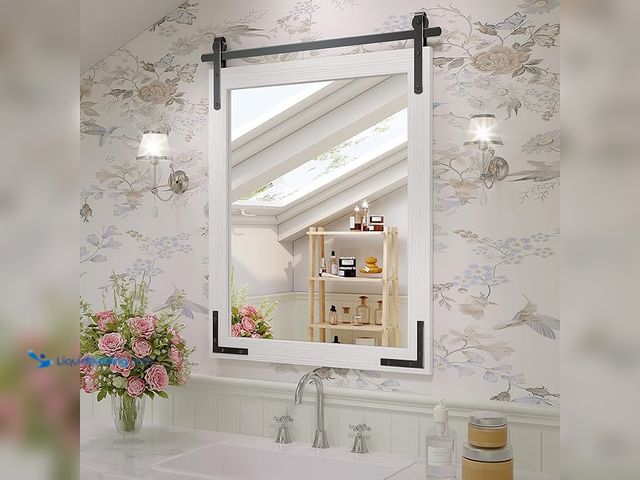 Lot 49-1550394 - JIINGYO Farmhouse Bathroom Mirror, 20x28 Inch White Vanity Mirror for Wall, Wood Framed Rustic Mirro...