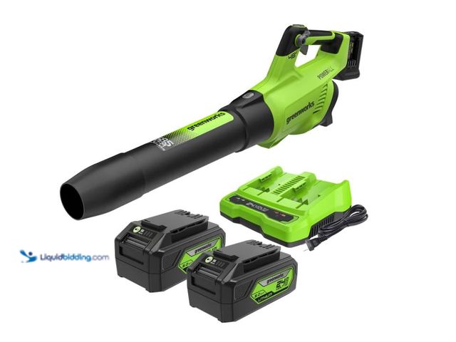Lot 49-1627062 - Greenworks 2x24V 585CFM Leaf Blower With (2) 5 AH Batteries Model #1947227, Slightly Used, NO CHARGE...