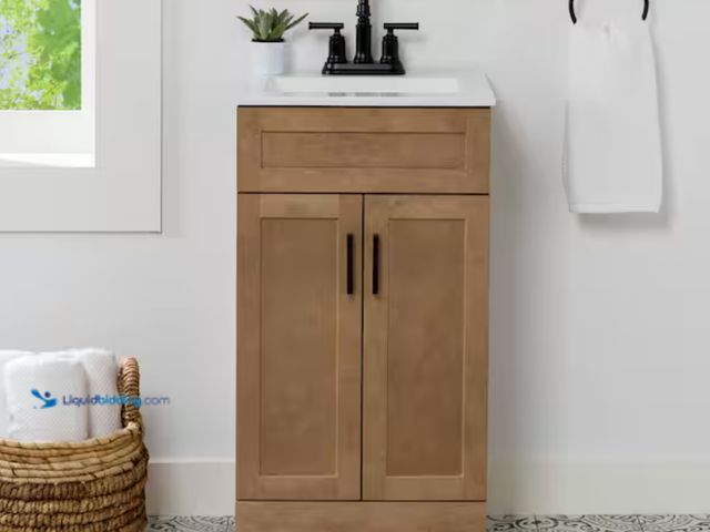 Lot 49-2000166 - Glacier Bay Lyton 19 in. Single Sink Sand Freestanding Bath Vanity with White Cultured Marble Top (A...