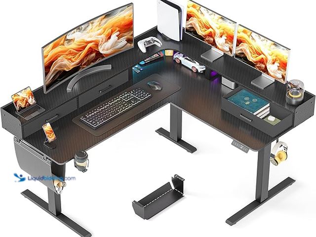Lot 49-3466010 - 63 Inches Height Adjustable L Shaped Standing Desk with 3 Drawers and Monitor Shelf, Electric Corner...