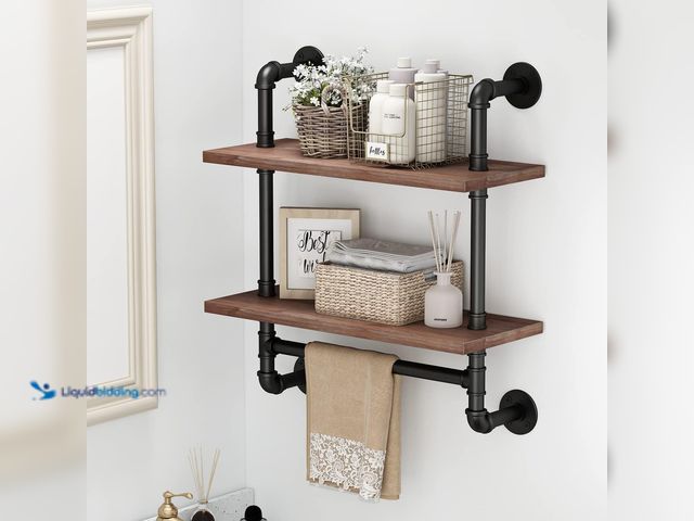 Lot 49-5410787 - BOSURU Industrial Pipe Bathroom Shelves Rustic Wood Shelves with Towel Bar 24" Farmhouse Wall Shelf ...
