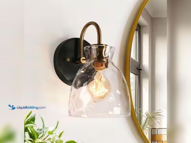 Lot 49-1567637 - Uolfin 1-Light Black and Gold Wall Sconce with Bell Ripple Glass Shade, Model # 628V8RRYVVU81W1, Sli...