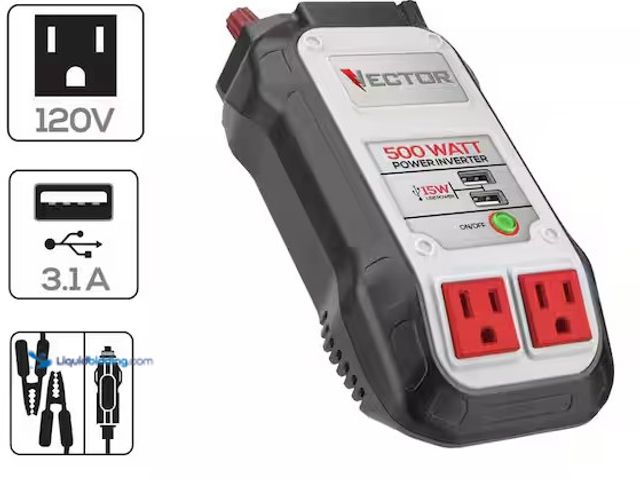 Lot 49-3639326 - VECTOR 500 Watt Power Inverter, Dual Power Inverter, Two USB Charging Ports, Model: PI500V, Unused, ...