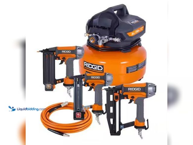 Lot 49-3473075 - RIDGID 6 Gal. 150 PSI Electric Air Compressor with 25 ft. Hose, 18GA Brad Nailer, 16GA Finish Nailer...