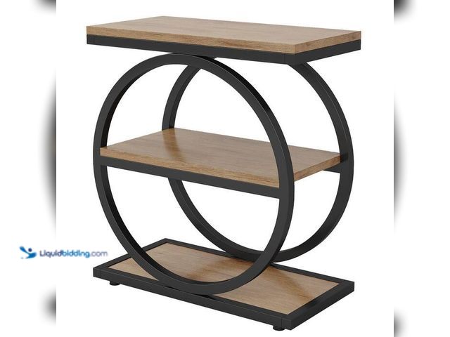 Lot 49-2024011 - BYBLIGHT Kerlin 23.62 in. Oak Rectangle Wood End Table with 2 Tiers Storage Shelves and Geometric Ba...