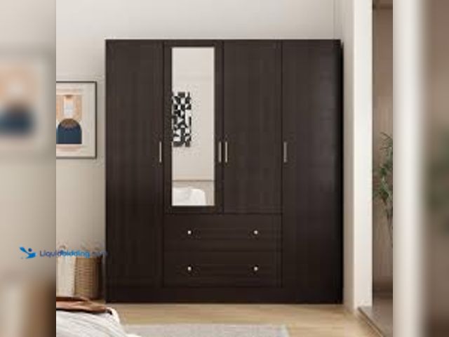 Lot 49-5488150 - FUFU&GAGA Brown Wood Grain 63 in. W 4-Door Big Armoires With Mirror, 2 Hanging Rods, 2 Drawers, Stor...