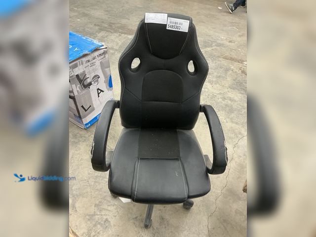 Lot 49-5485302 - Office Chair. Black Pleather. Dirty and used with some rips.