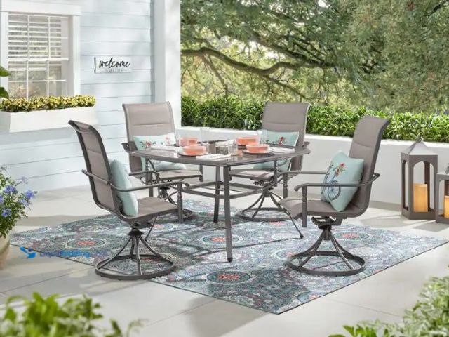 Lot 49-1515688 - Hampton Bay Ashbury Pewter 5-Piece Steel Padded Sling Square Glass Top Outdoor Dining Set, Model # G...