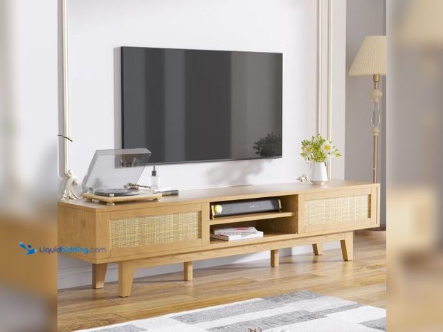 Lot 49-1556345 - Tolead Rattan Low Profile TV Stands with Sliding Doors, up to 65" TV, Natural Model #2701906962, Unu...