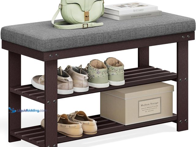 Lot 49-3531095 - SONGMICS Bamboo Shoe Bench, 3-Tier Shoe Rack Organizer for Entryway, Living Room, Bench Seat Holds U...