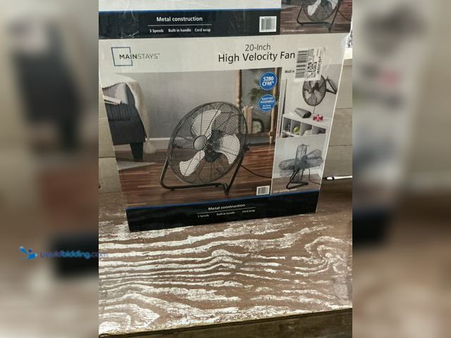 Lot 49-5559236 - Mainstays 20" 3-Speed High Velocity Tiltable Black Steel Floor Fan. Unused