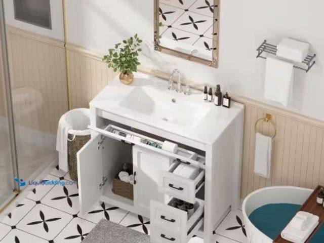 Lot 49-1516574 - Findepot 36 in. Freestanding White Bath Vanity with White Ceramic Top Unassembled, model #  ER-BV1-W...
