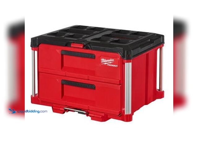Lot 49-3565616 - Milwaukee PACKOUT 22 in. 2-Drawer Tool Box with Metal Reinforced Corners. Model # 48-22-8442. Unused