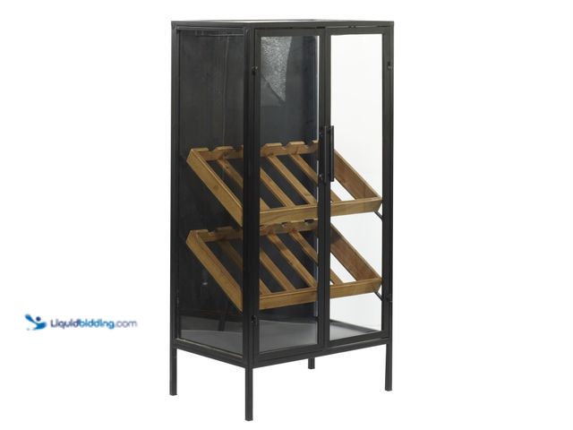 Lot 49-5459899 - UMA Black Metal 10 Bottle Storage Standing Wine Rack with Wine Glass Holders and Wood Accents, 21" x...
