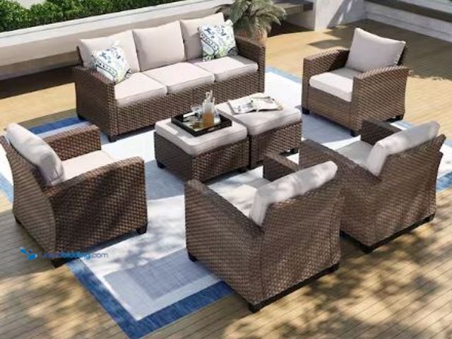 Lot 49-1625580 - Brown Rattan Wicker Steel Patio Outdoor Sectional Set with Beige Cushions, Model # D-S7PV6366652BE, ...