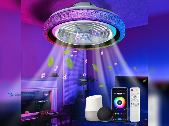 Lot 49-5581805 - Ceiling Fan with Light, 20" LED RGB Low Profile Reversible Ceiling Fan Light with Bluetooth Smart Wi...