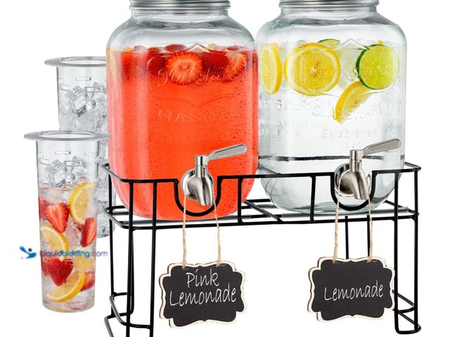 Lot 49-1575660 - Fine Dine 2 Pack Glass Drink Dispenser with Stand & Stainless Steel Spigot – 1 Gallon drink dispense...