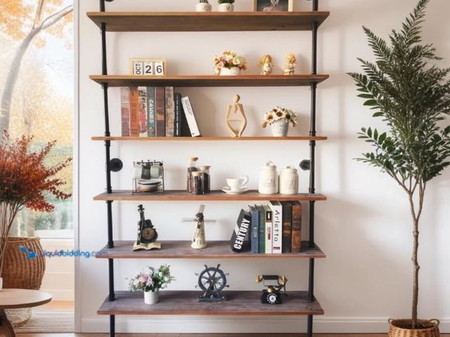 Lot 49-1516450 - Industrial Ladder Pipe Shelf, Wall Mounted Wood Metal Bookshelf for Living Room Storage (Weathered B...