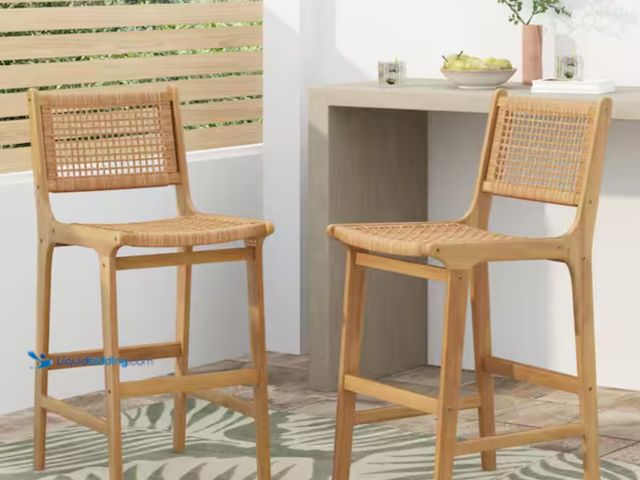 Lot 49-2000035 - Set of (2) CHRISTOPHER KNIGHT HOME Maxwell Patio Solid Wood and Wicker Outdoor Bar Stool with Footre...