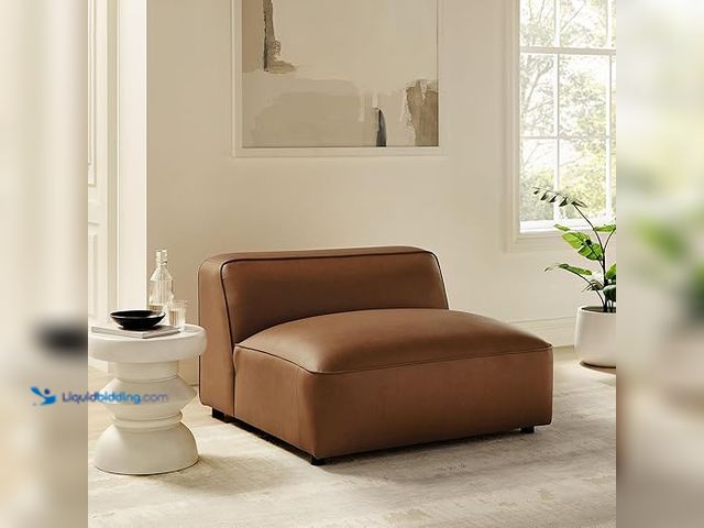 Lot 49-1602171 - Modway Auren Vegan Leather Modular Armless Chair in Coffee - Faux Leather Slipper Chair - Mid Centur...