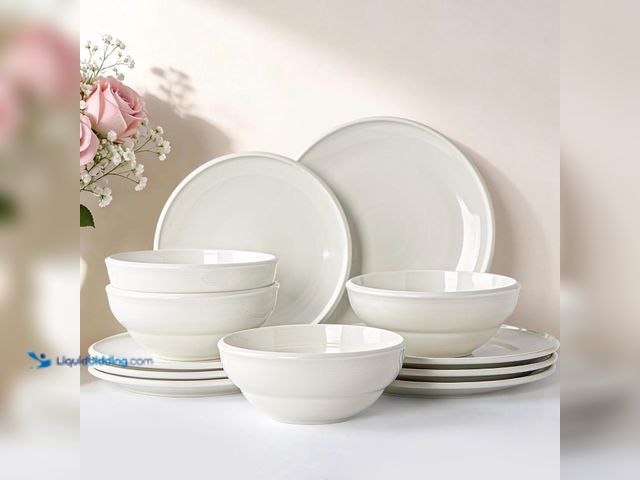 Lot 49-3565094 - Dinnerware Sets for 4, 12 Piece Stoneware Plates and Bowls Sets, Concentric Textured Design, Scratch...