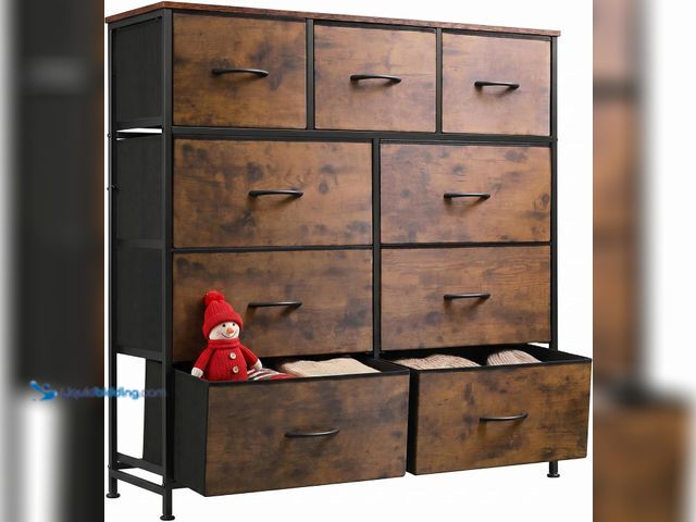 Lot 49-5552532 - WLIVE Tall Dresser for Bedroom, 9 Drawer Chest of Drawers, Rustic Brown | 9 roomy fabric drawers, Ta...