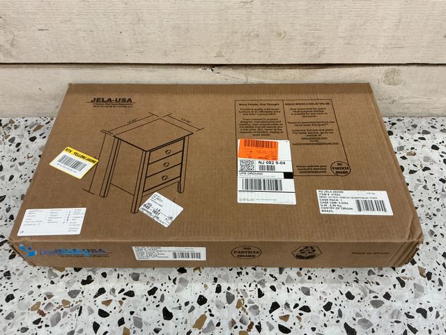 Lot 49-5485742 - JelaThree Drawer End Table/Nightstand Tip White. New with hardware