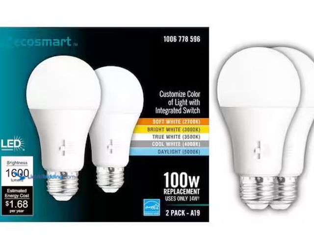 Lot 49-5478469 - EcoSmart
100-Watt Equivalent A19 Dimmable CEC LED Light Bulb with Selectable Color Temperature (2-P...