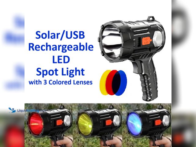 Lot 49-5434363 - Solar/USB Rechargeable LED Spot Light with 3 Colored Lenses - NEW - Made of waterproof material and ...