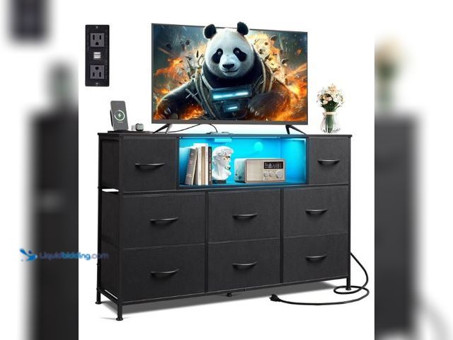 Lot 49-1549114 - WLIVE Black TV Stand for 45, 50, 55 inch TV, Entertainment Center with LED Lights & Charging Station...