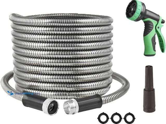 Lot 49-5410779 - Metal Garden Water Hose Stainless Steel Heavy Duty Flexible Water Pipe with 10 Pattern Spray Nozzle ...