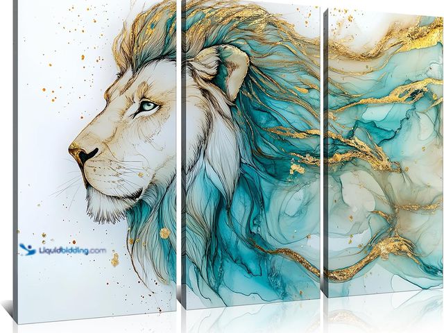 Lot 49-5554492 - Derkymo 3 Pieces Abstract Lion Animal Wall Art Green Gold Animal Painting Print Marble Canvas Art Mo...