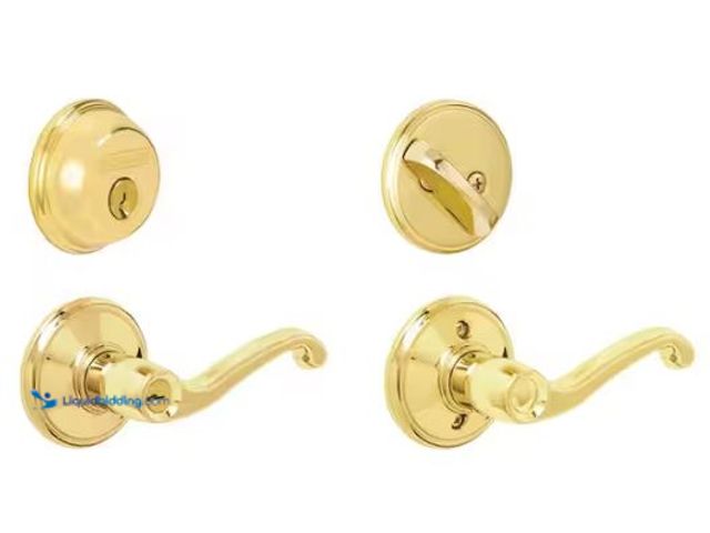Lot 49-1569194 - Lot of (2) Schlage Flair Bright Brass Single Cylinder Deadbolt and Keyed Entry Door Handle Combo Pac...