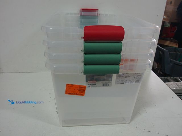 Lot 49-1578190 - Lot of (4) Sterlite 64 qt. /61 L Latching Box, Includes three red and one green, Model # 1497C506, U...