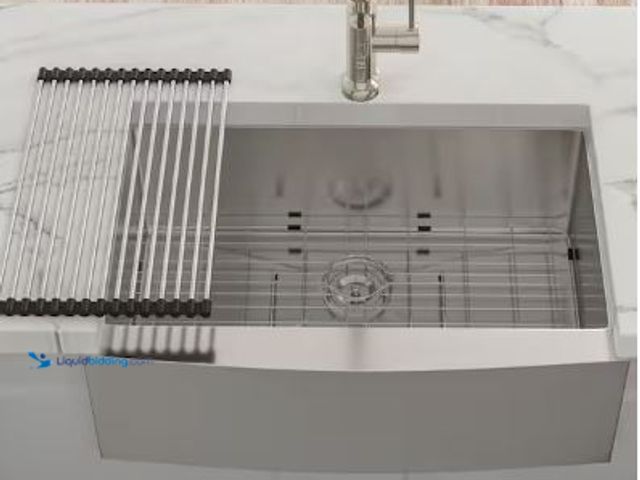 Lot 49-5441005 - Dueyeeri 24 in. Farmhouse Single Bowl 16 Gauge Brushed Nickel Stainless Steel Kitchen Sink with Bott...