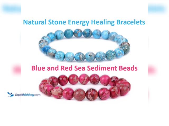 Lot 49-5434335 - Set of 2 Natural Stone Energy Healing Bracelets 8mm Beads - NEW - Featuring Blue and Red Sea Sedimen...