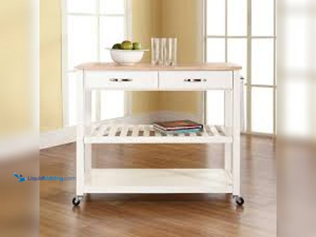 Lot 49-3536861 - CROSLEY FURNITURE White Kitchen Cart With Natural Wood Top. Model # KF30051WH. Unused