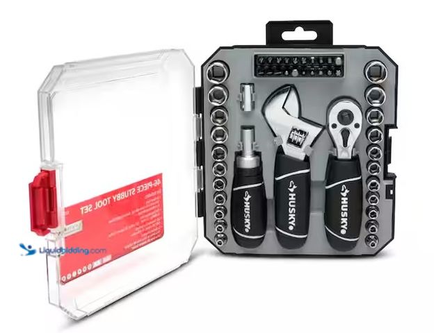 Lot 49-3639315 - Husky 1/4 in. and 3/8 in. Drive Stubby Ratchet and Socket Set (46-Piece), Model: H46PCSTS, Slightly ...