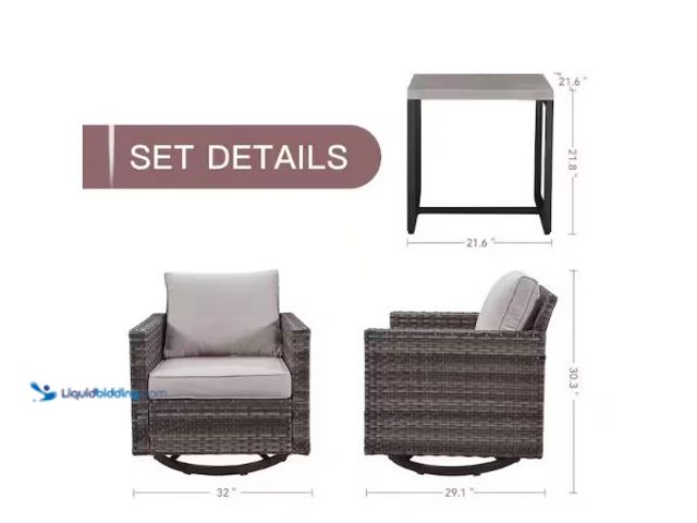 Lot 49-5510869 - moosprr
U-Frame 3-Piece Gray Swivel Glider Wicker Outdoor Rocking Chair with Beige Cushions and Sid...