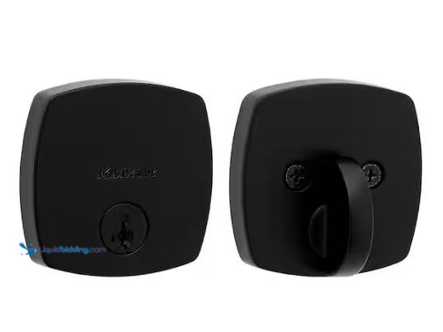 Lot 49-1577417 - Kwikset Midtown Matte Black Single Cylinder Single Side Deadbolt with Soft Modern Rose featuring Sma...