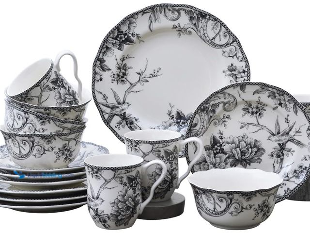 Lot 49-1516348 - 222 Fifth Adelaide 16-Piece Black Porcelain Dinnerware Set – Service for 4, Featuring Hand-Applied R...