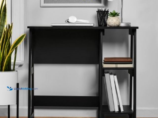 Lot 49-2025597 - Mainstays Desk with 2 Open Shelves, True Black Oak, Model # 13943108734, MSRP $39.97, Slightly used,...