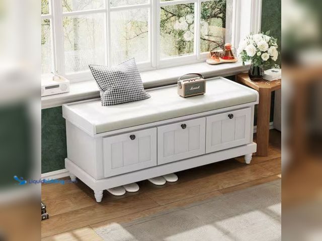 Lot 49-2001133 - Nest fair Light Gray Classic Shoe Bench Storage with Cushion and 3 Drawers 44.1 in., Model # SBTR294...