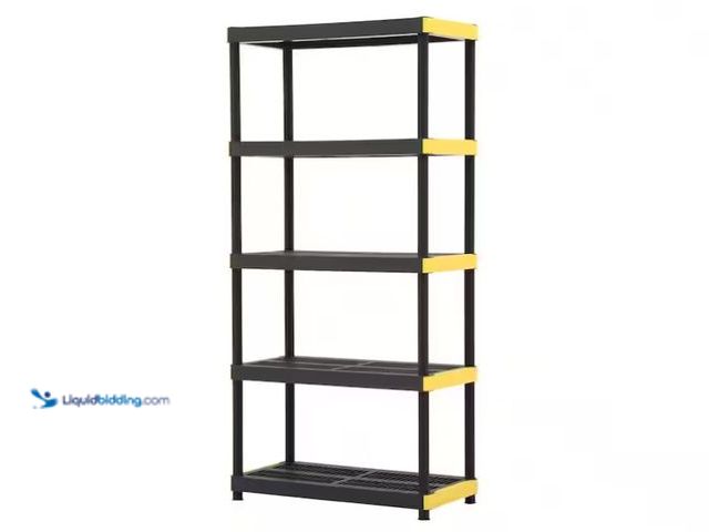 Lot 49-3431820 - HDX 5-Tier Easy Assembly Multi-purpose Plastic Garage Storage Shelving Unit in Black (36 in. W x 74 ...